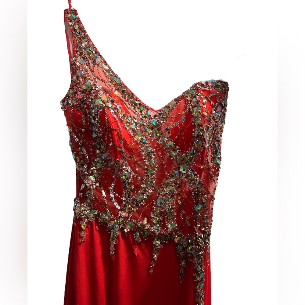JVN by Jovani 91220 Coral Long Fitted Sheer One Shoulder Gown, Size 6 - Picture 4 of 8